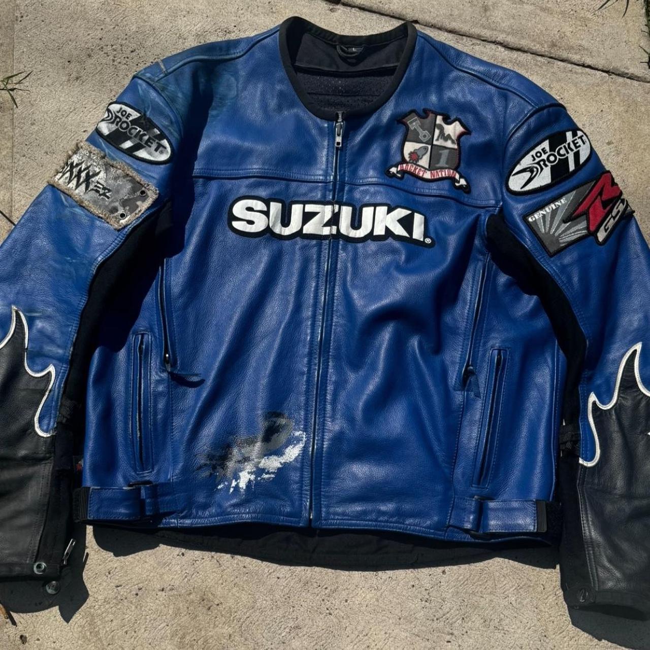希少 Vintage Blue leather Jacket スタジャン Leather Suzuki Jacket - Vintage Classic Motorcycle Racing Jacket