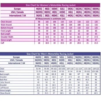 Motorcycle Leather Jackets Size Chart